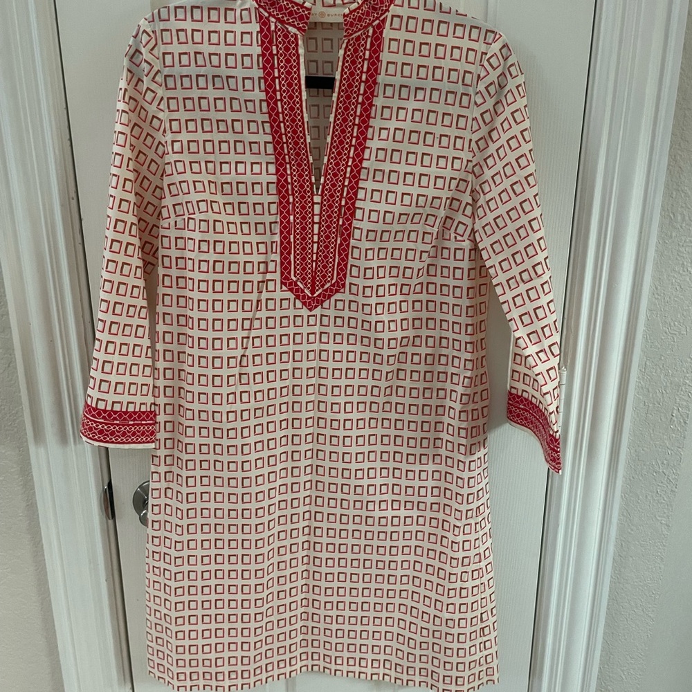 Tory Burch Red And Gray Square Pattern Blouse - image 1